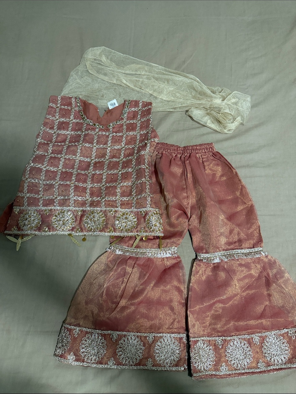 Rose Gold Embroidered three Piece Pakistani sharara Set with Sheer Gold Scarf